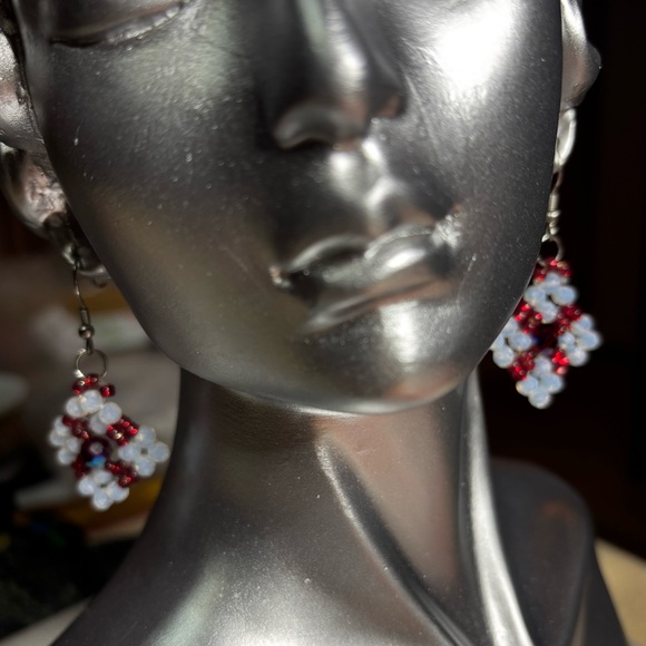 Hand crafted dangle pierced earrings red white Czech beads ruby red seed beads. - Picture 3 of 4